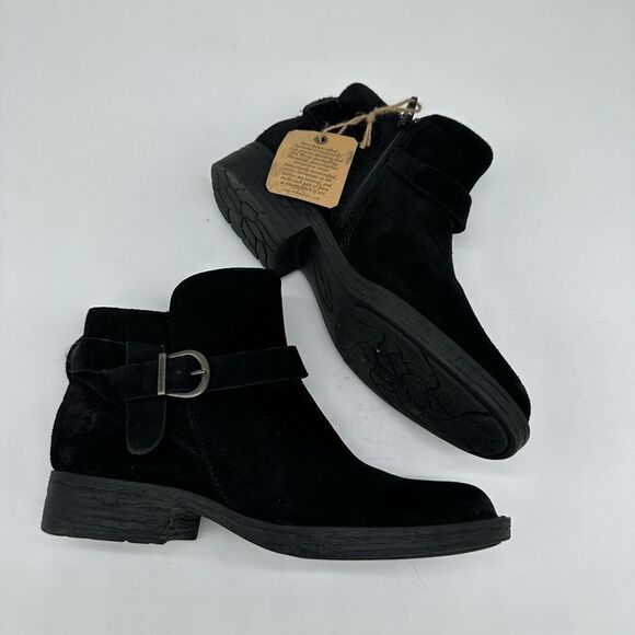 Born Lesley Black Suede Side Buckle Strap Round Toe Low Heel Bootie - Picture 4 of 7